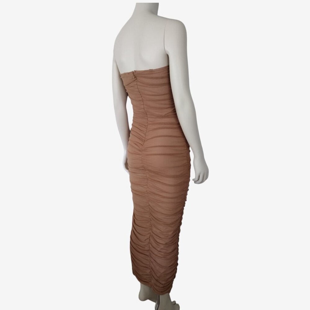 Fashion Nova Tan Mesh Ruched Side Slit Maxi Tube Dress Size S - Picture 6 of 13